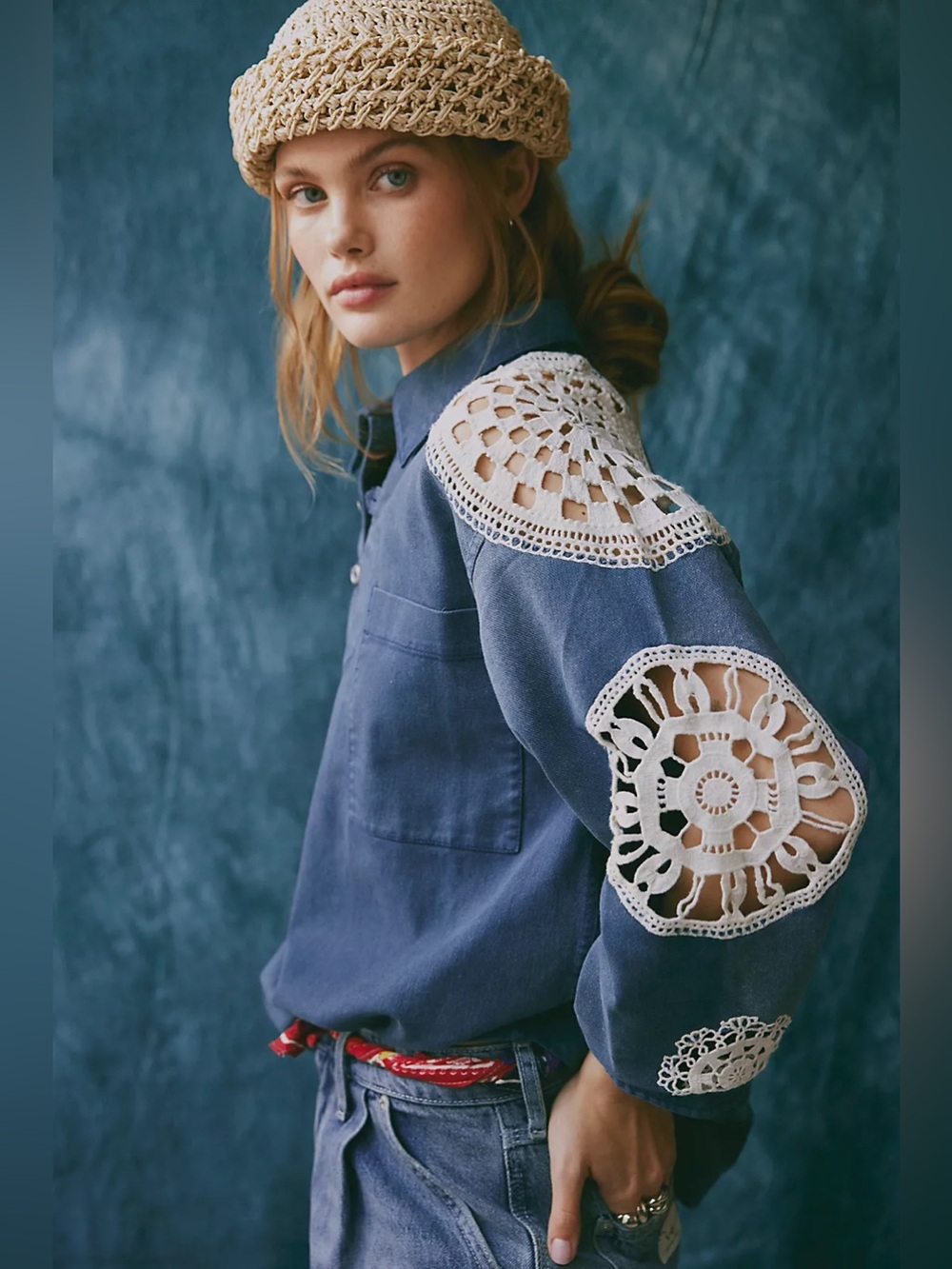 Free People We The Free Washed And Crafted Crochet Polo NWT Deep dive blue Large